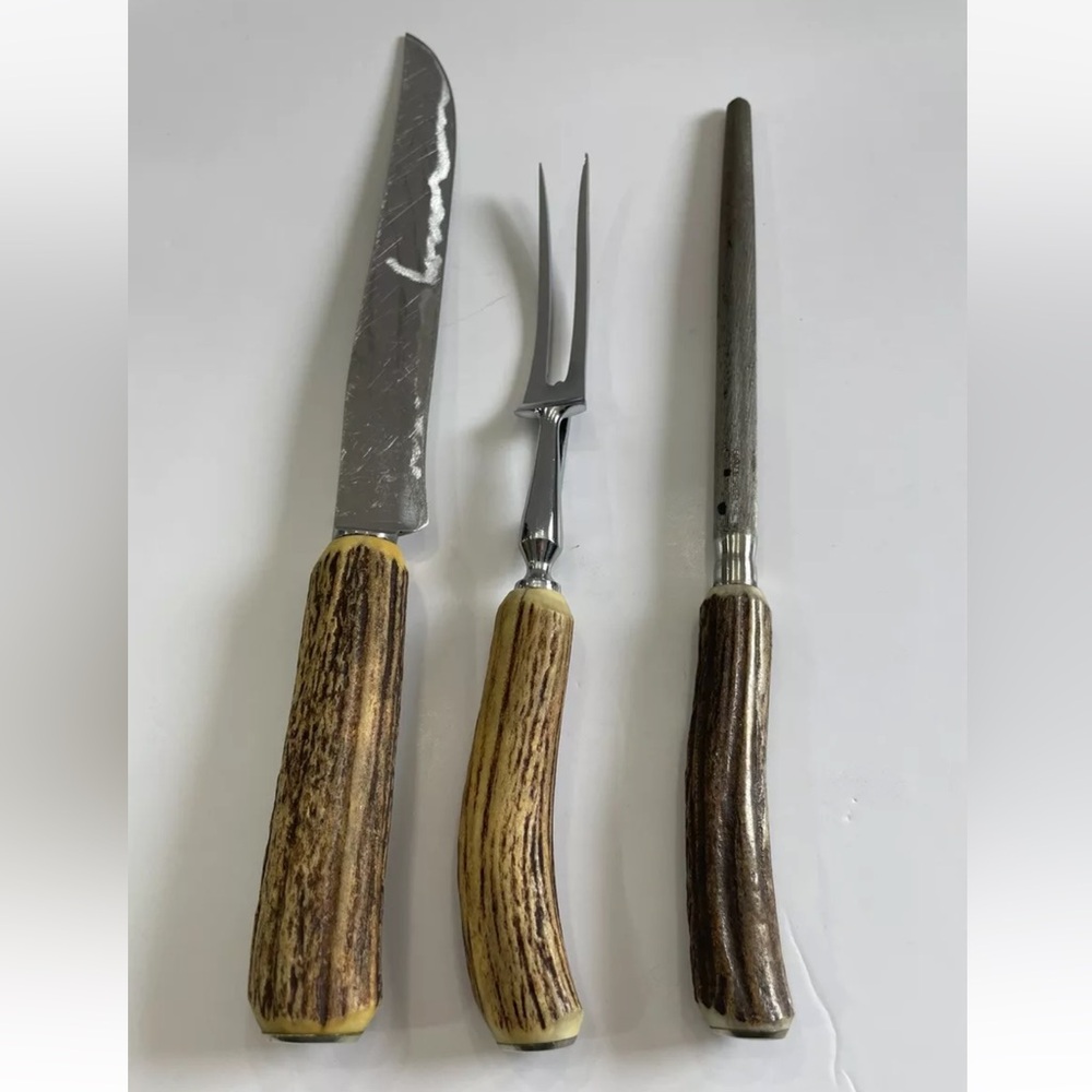 Vintage Carving Set Stainless Steel Sheffield Antler Handle Fork Knife Sharpener